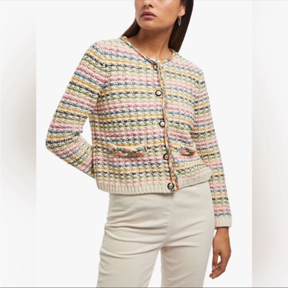 Ba&sh Womens Bianca Lady Cardigan Sweater 3/L $420 Colorful Striped Wool Italy